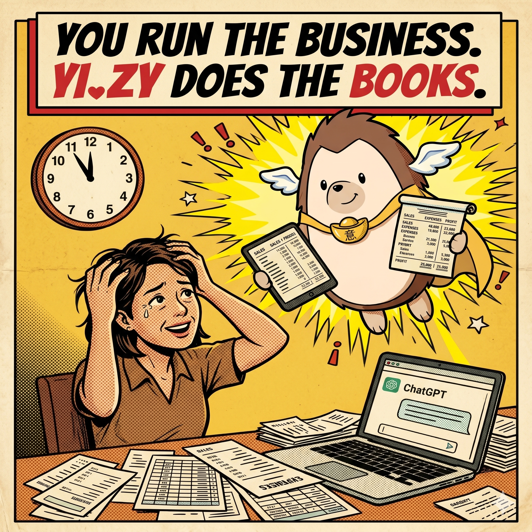 You run the business. Yi.zy does the books. — A tired Singaporean cafe owner buried in receipts and spreadsheets is rescued by the Yi.zy mascot bringing tidy, organised numbers.